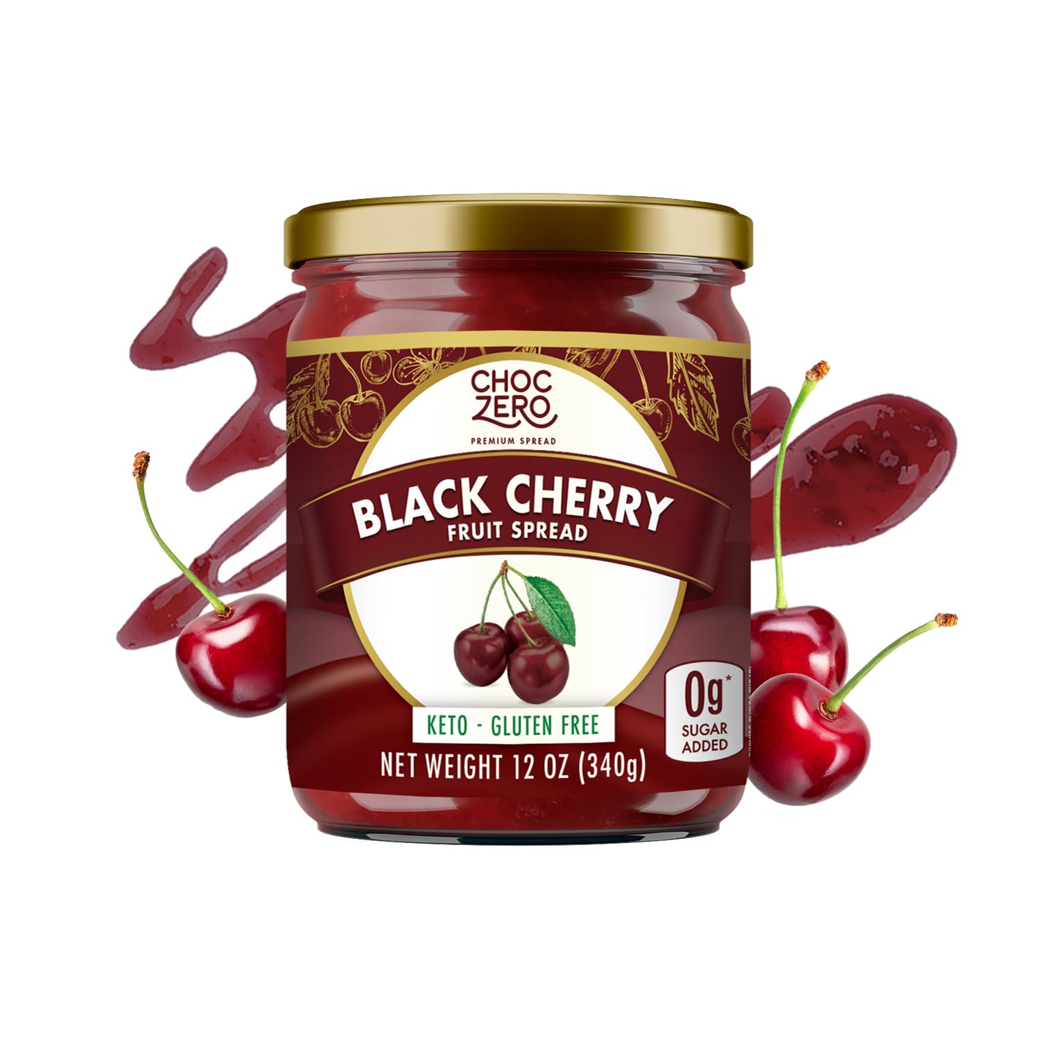 ChocZero jar front view showing cherry jam and branding, highlights sugar free benefit