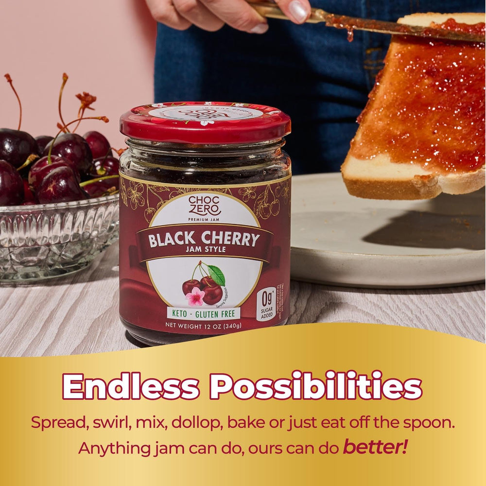 Open ChocZero jar with spoon scooping jam, showing chunky texture and easy spreading