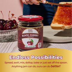 Open ChocZero jar with spoon scooping jam, showing chunky texture and easy spreading