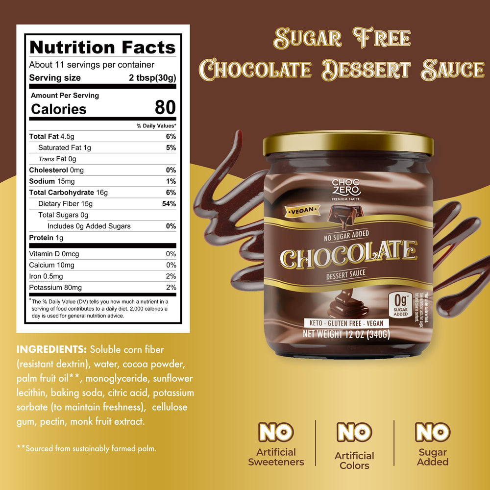 Close-up of ChocZero chocolate sauce pouring to show smooth texture and rich flavor