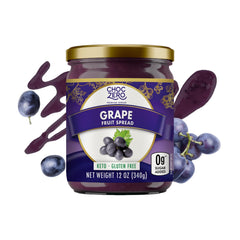 ChocZero jar front packaging showing label and grape imagery, clear product identity and benefit