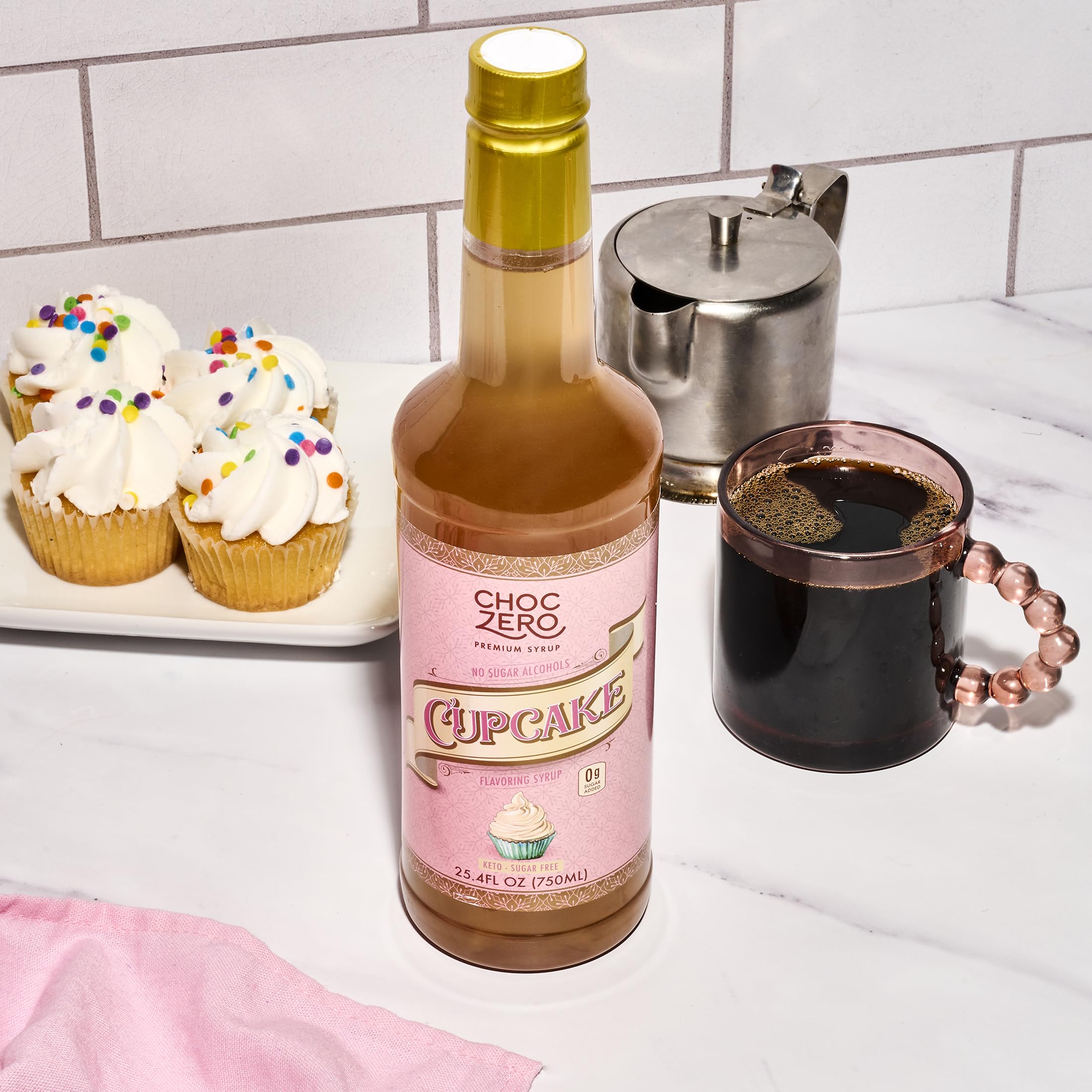 ChocZero cupcake syrup on a home coffee bar showcasing versatile use and recipe inspiration