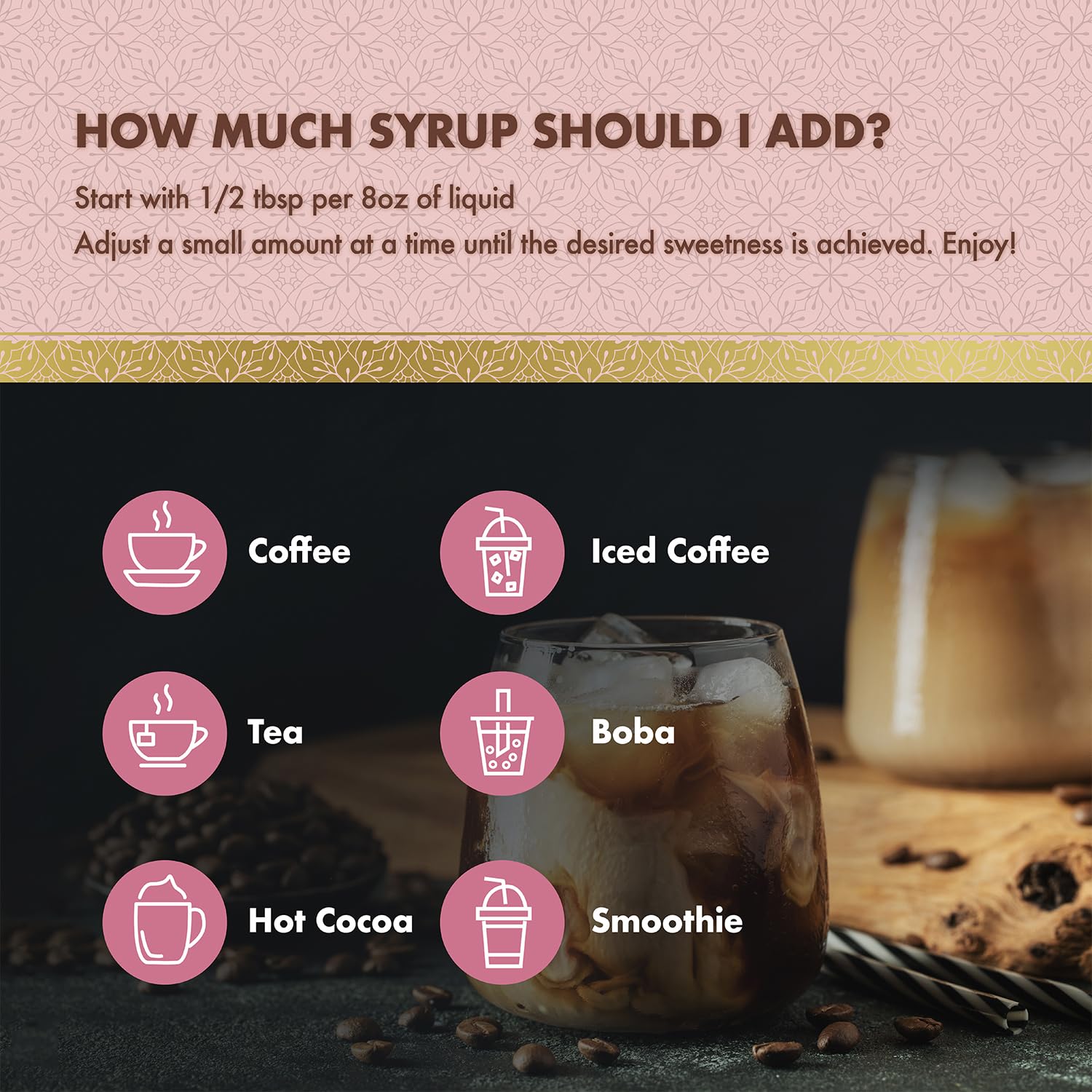 ChocZero cupcake syrup splash into a mug conveying fast flavor and steaming aroma