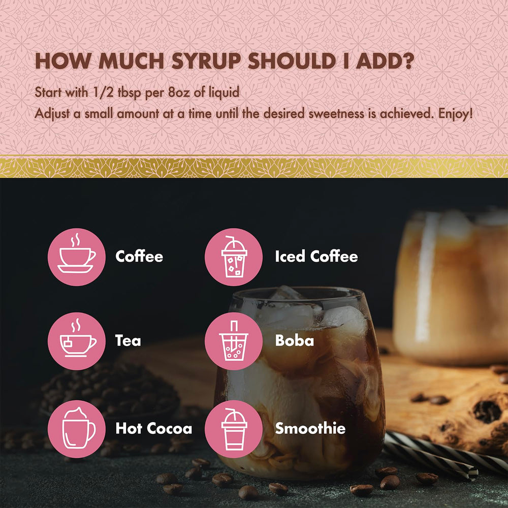 ChocZero cupcake syrup splash into a mug conveying fast flavor and steaming aroma