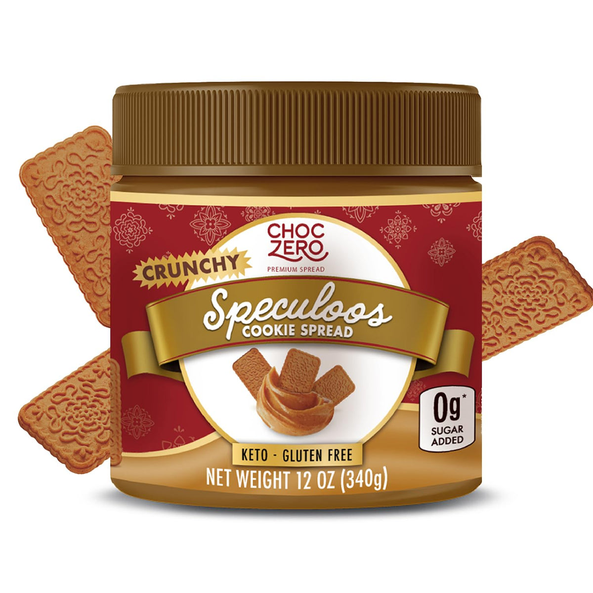ChocZero jar front view showing crunchy speculoos cookie butter and label benefit