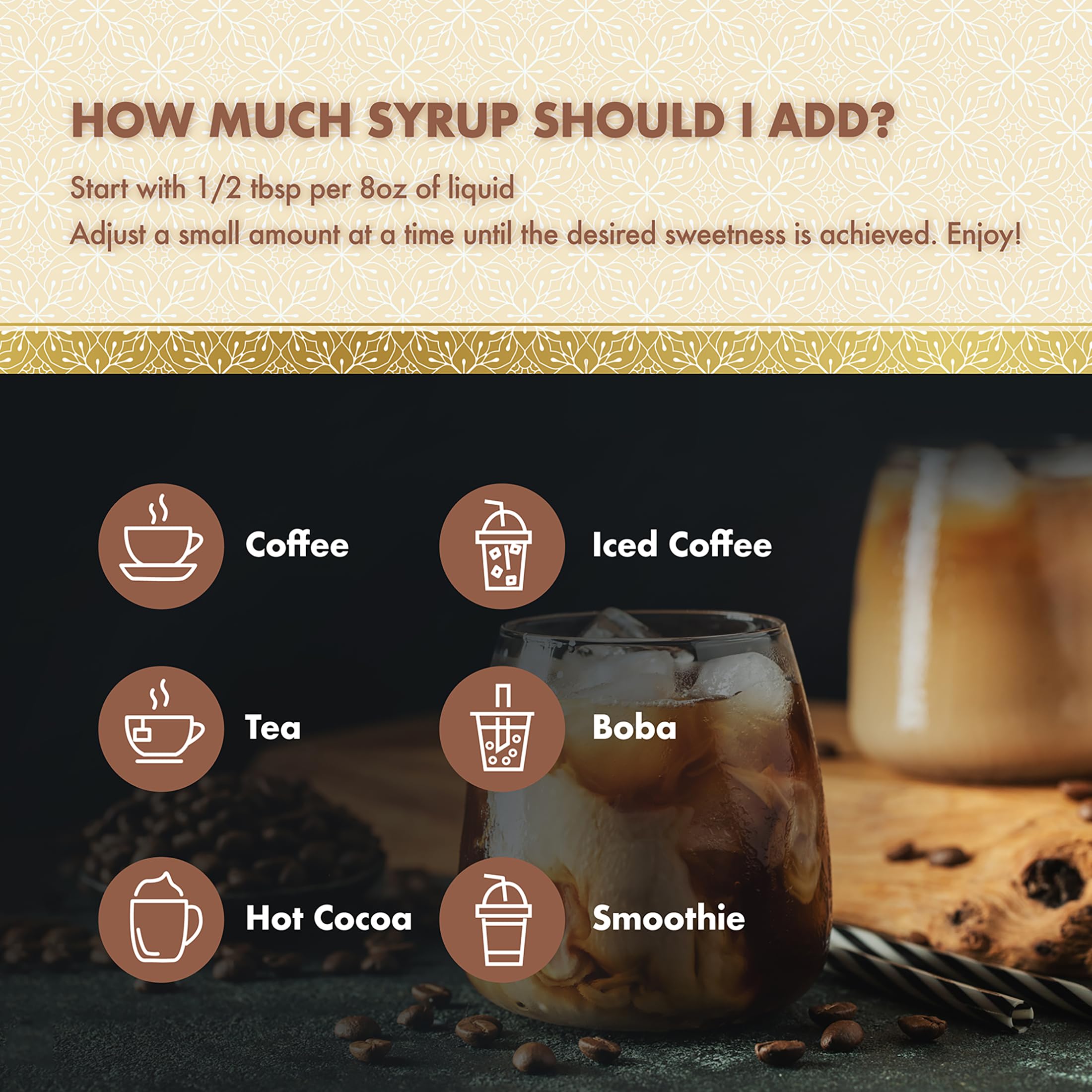 ChocZero hazelnut syrup stirred into iced coffee, enhances taste with fiber