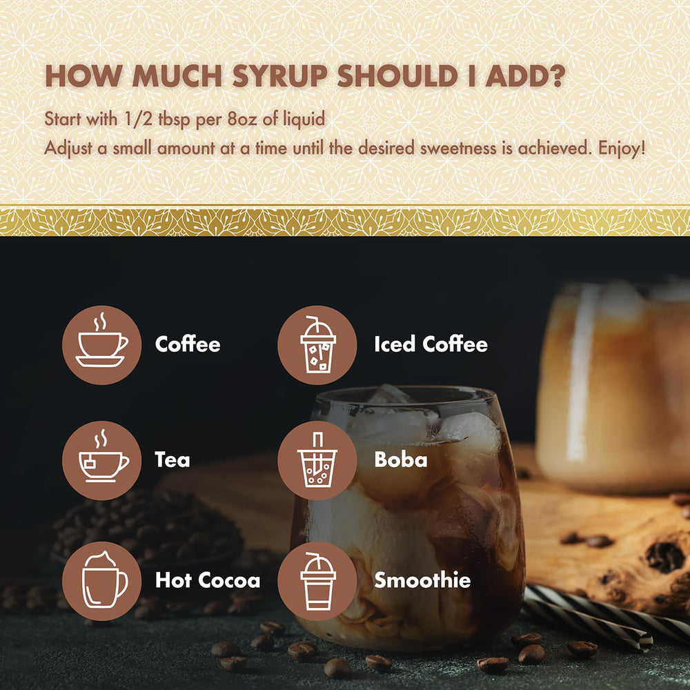 ChocZero hazelnut syrup stirred into iced coffee, enhances taste with fiber