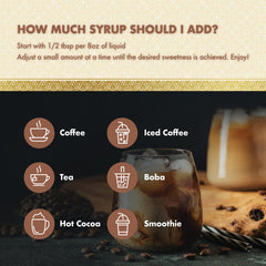 ChocZero hazelnut syrup stirred into iced coffee, enhances taste with fiber