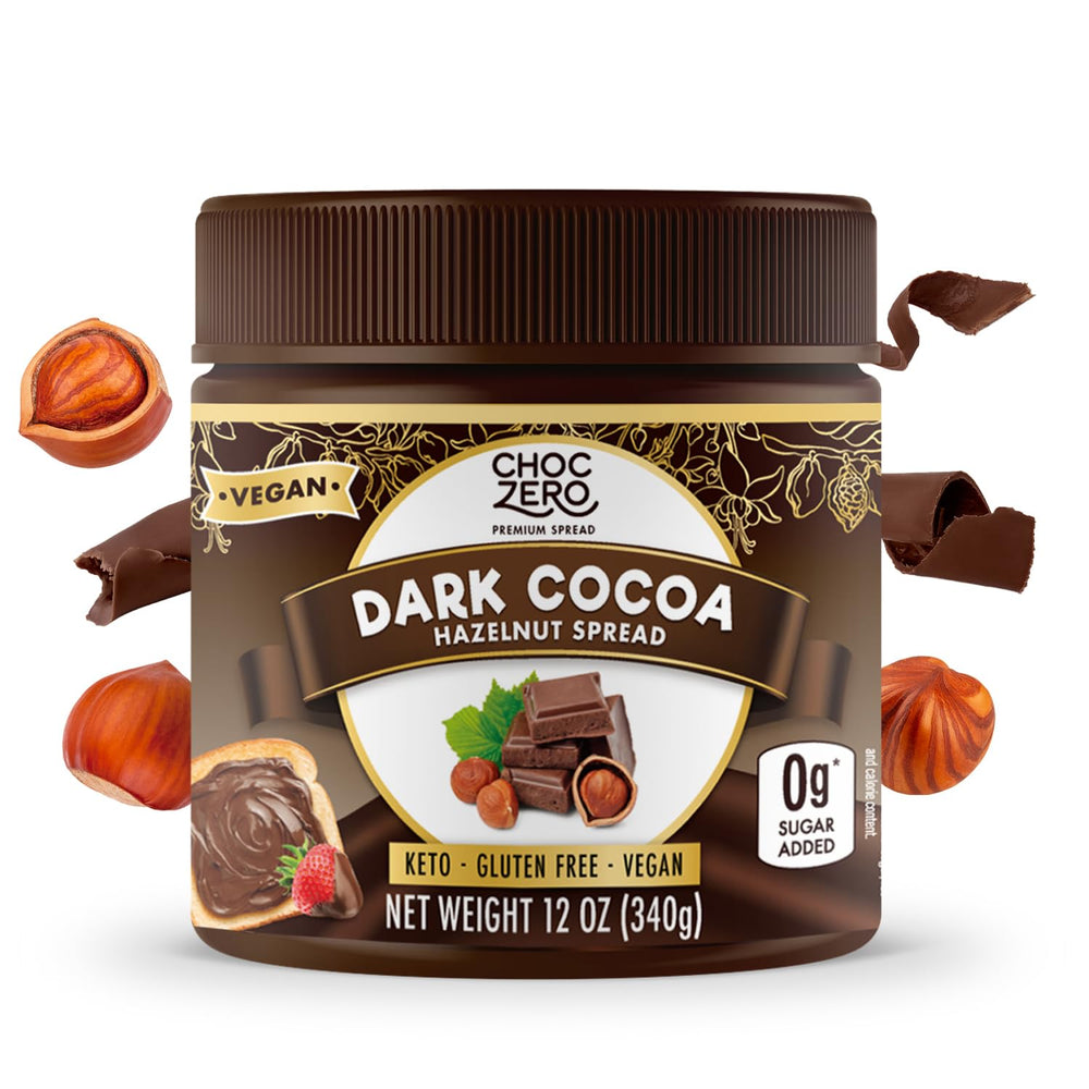 ChocZero jar front view showing vegan dark chocolate hazelnut spread and benefits