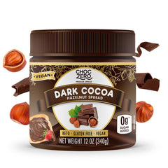 ChocZero jar front view showing vegan dark chocolate hazelnut spread and benefits