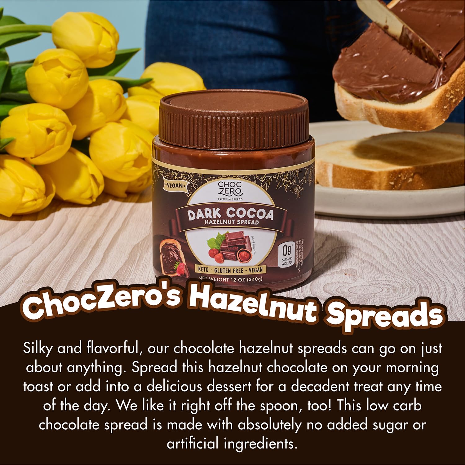 ChocZero jar label and nutrition closeup emphasizing sugar-free benefits
