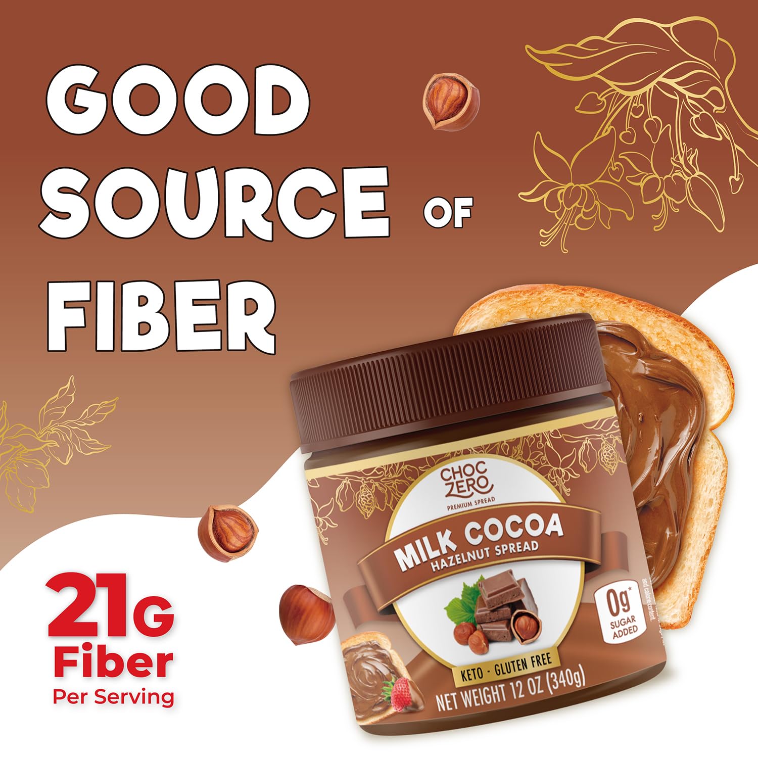 ChocZero jar with hazelnuts showing natural ingredients and flavor