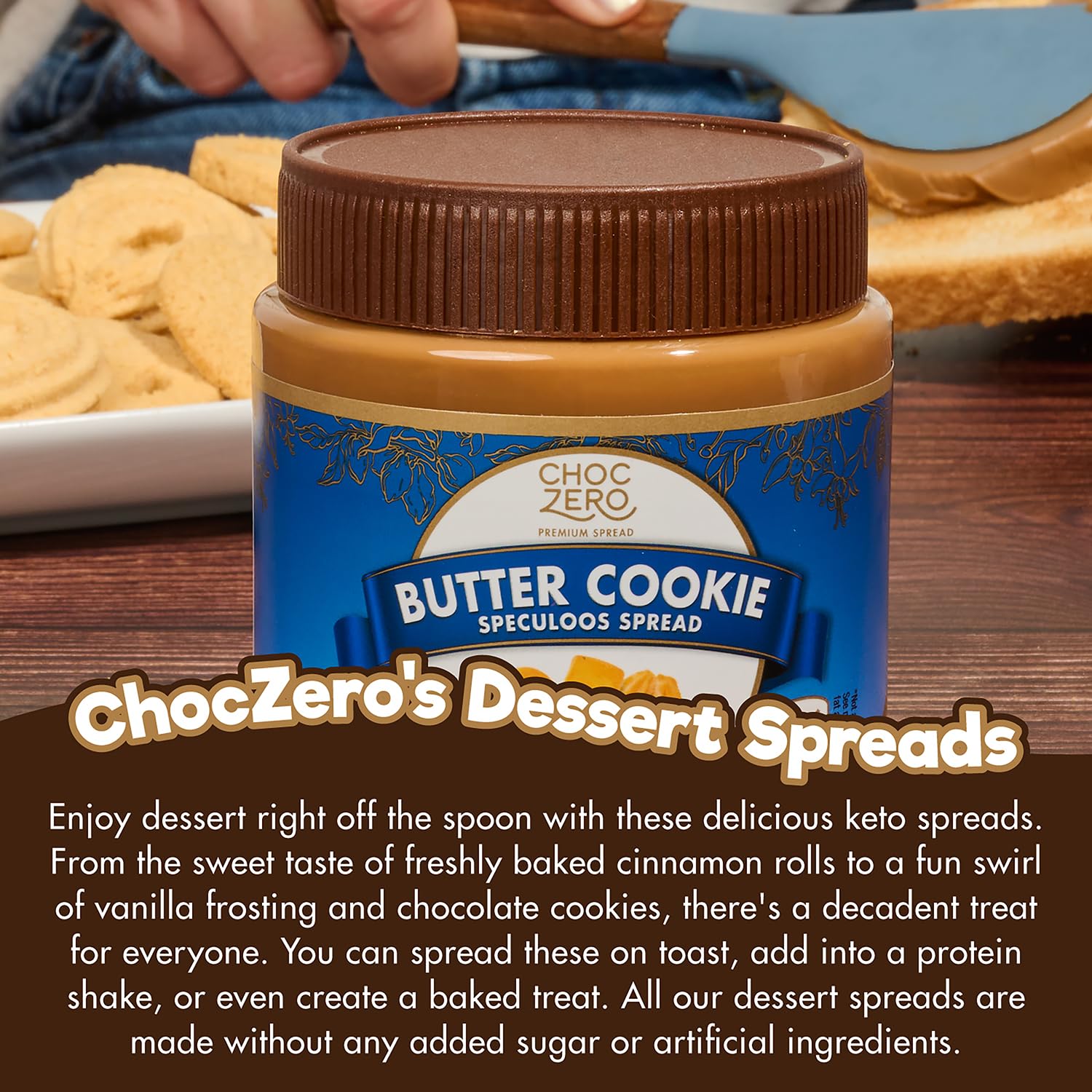 ChocZero 12 oz jar held in hand to show size and convenient portioning
