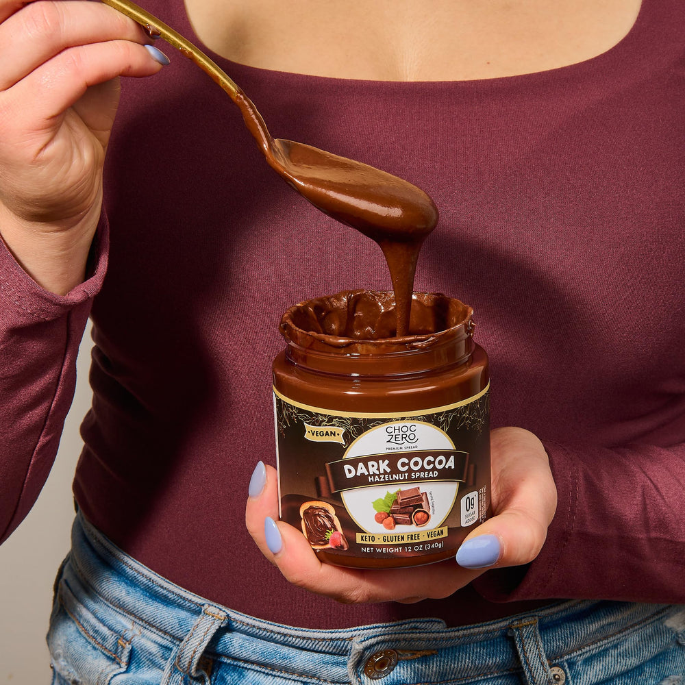 ChocZero jar with strawberries showing delicious pairing and fiber boost