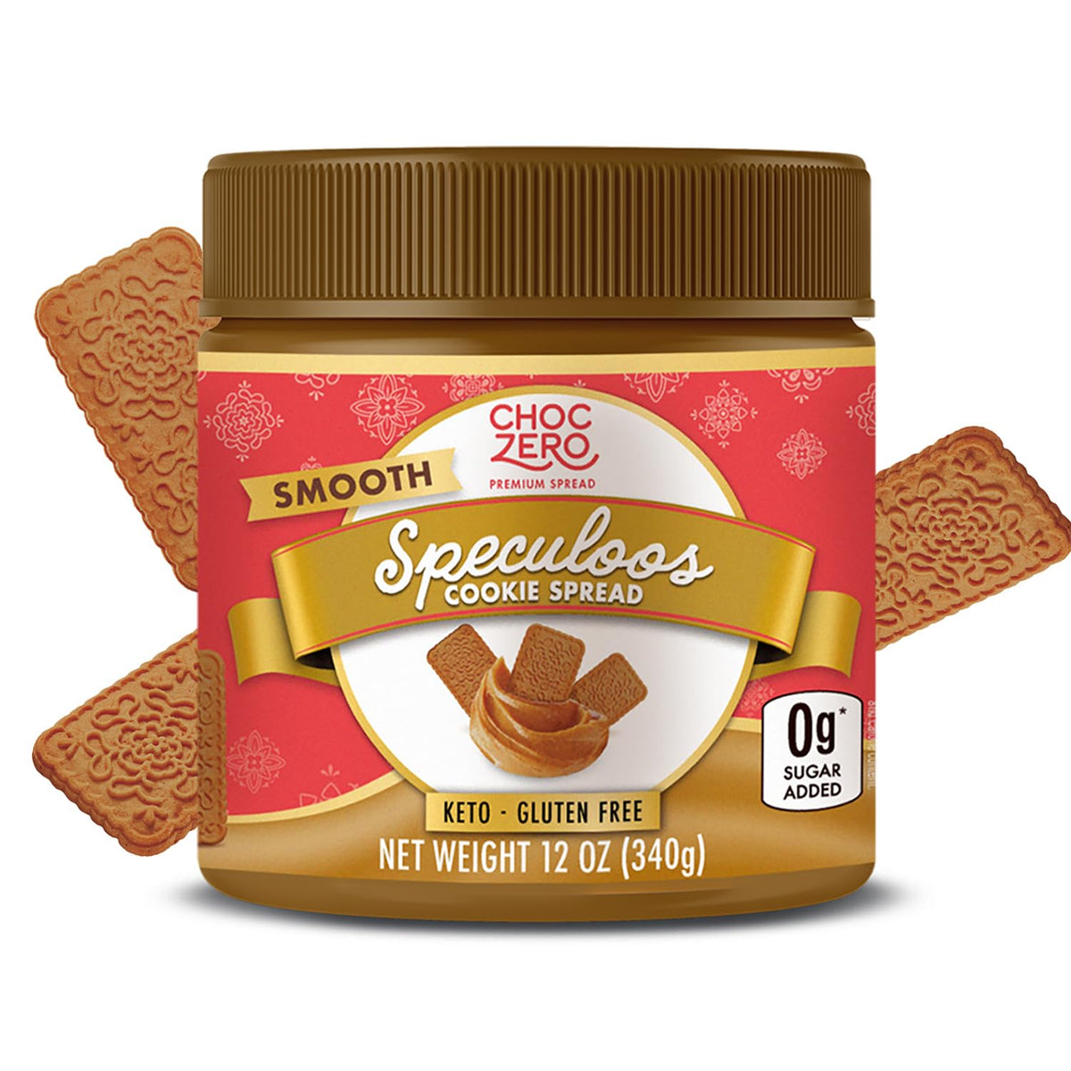 ChocZero jar front view showing label and 12 oz size for clear product ID and appeal