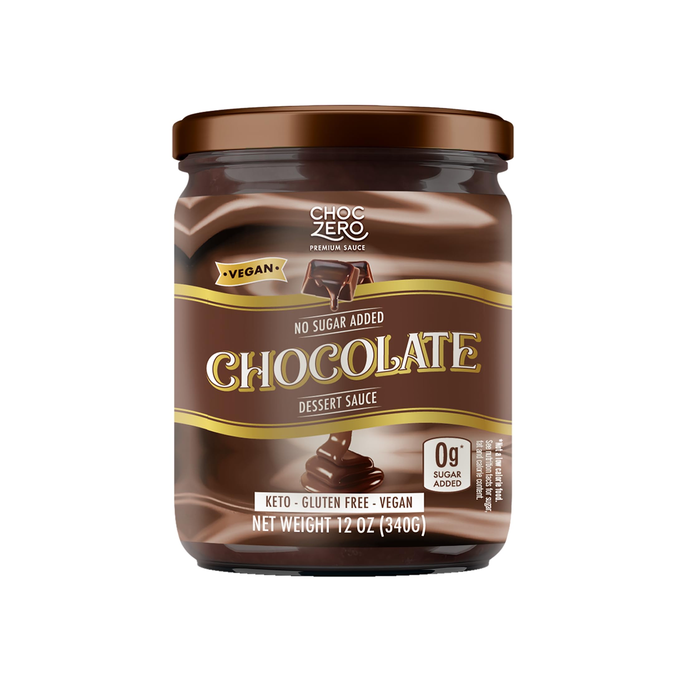 ChocZero front bottle view showing label and pourable chocolate topping benefit