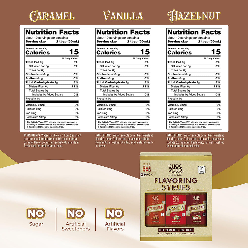 ChocZero vanilla bottle close-up label, clear branding and ingredient benefit
