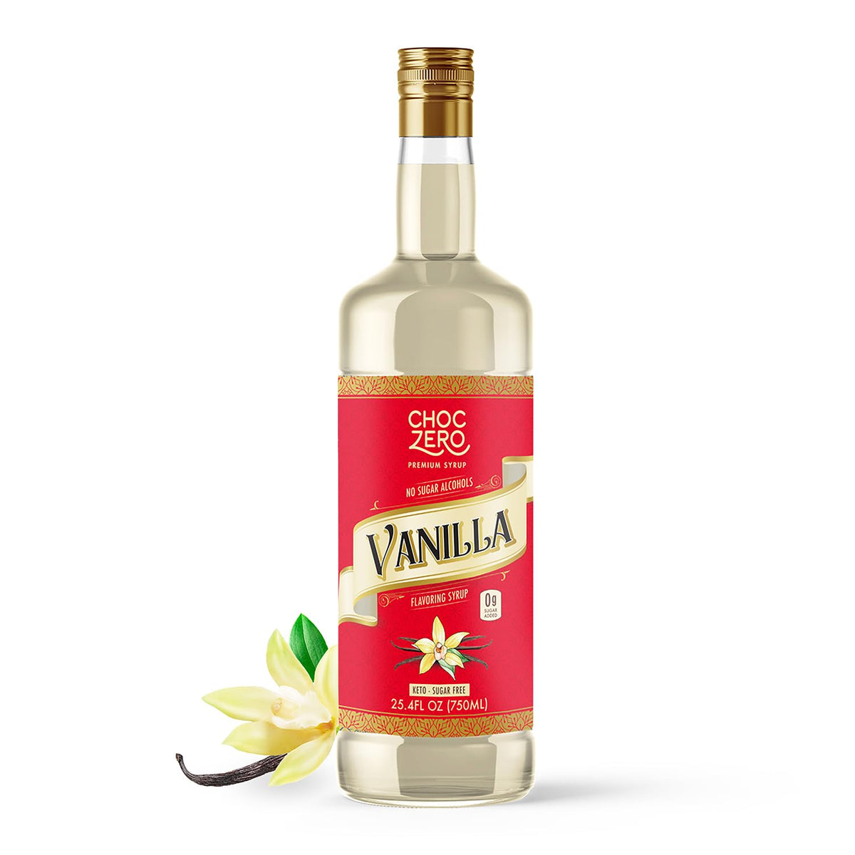 ChocZero front label showing sugar free vanilla and bottle benefits