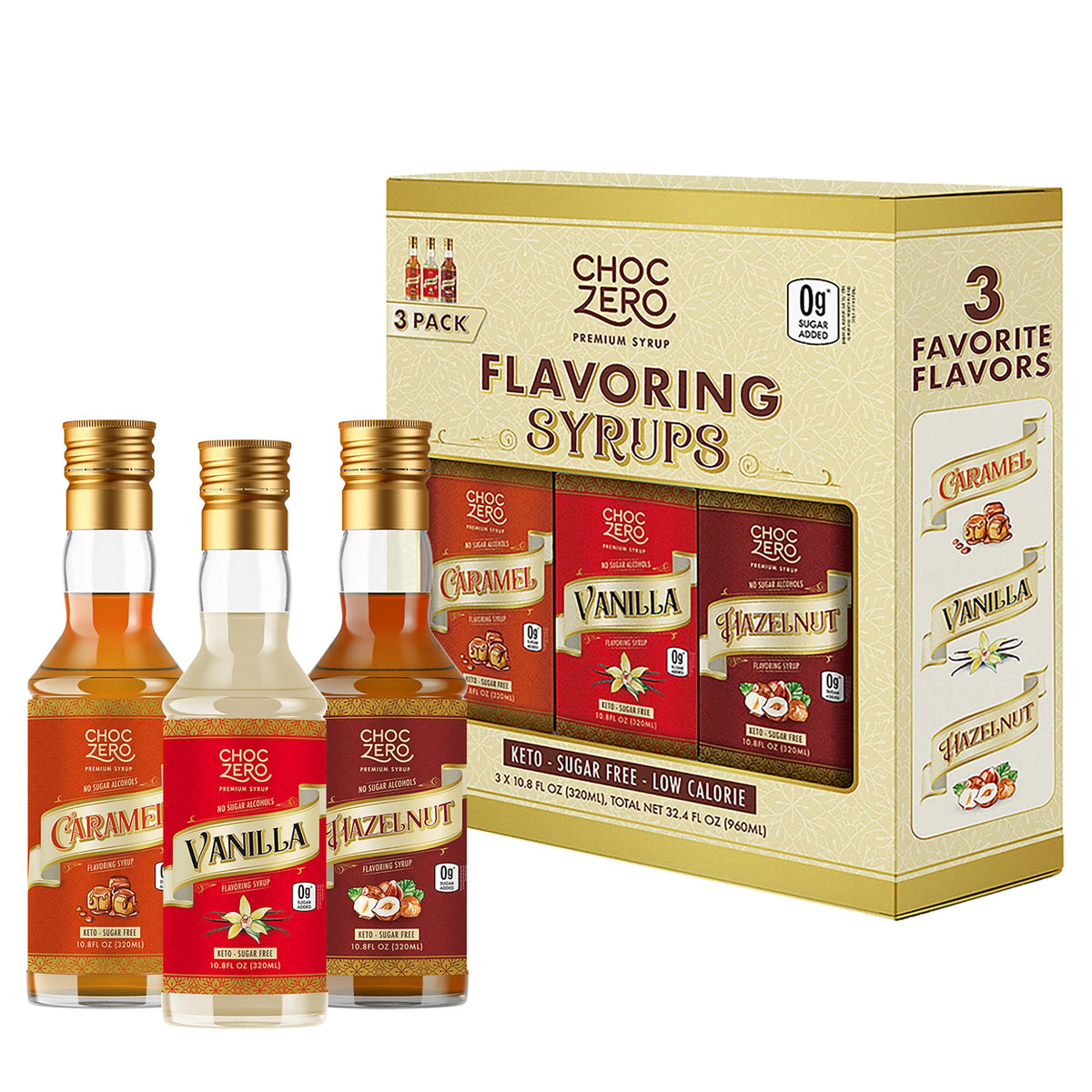 ChocZero variety pack front view showing three bottles, convenient flavor options
