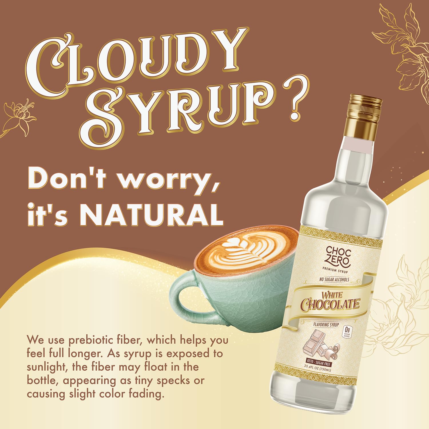 ChocZero syrup mixed into iced coffee showing chilled drink with white chocolate flavor