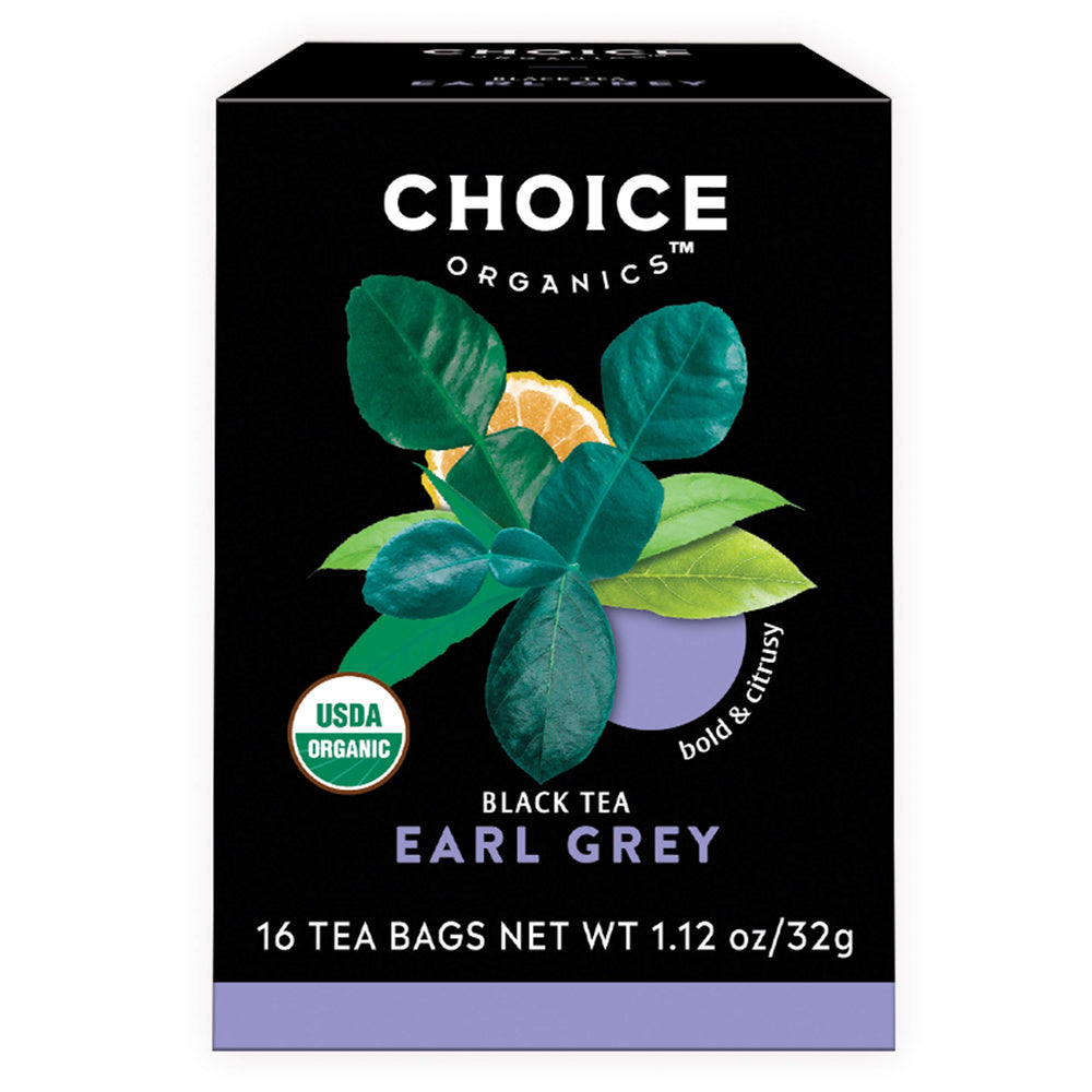 Choice Organic Teas front packaging showing three boxes and clear product benefit