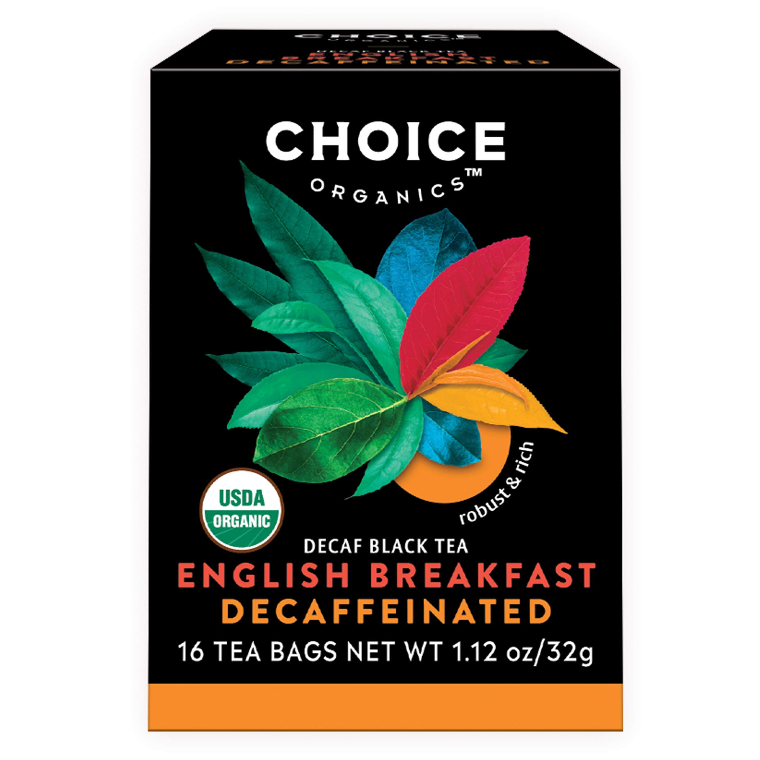 Choice Organic Teas front packaging showing decaf English Breakfast and product benefits