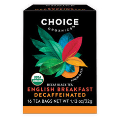 Choice Organic Teas front packaging showing decaf English Breakfast and product benefits