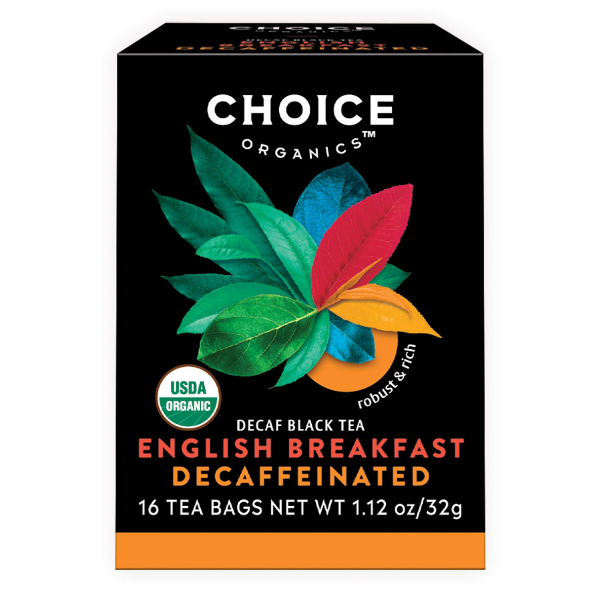 Choice Organic Teas front packaging showing product and certifications, sustainable benefit