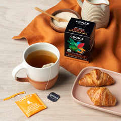 Choice Organic Teas loose-leaf blend texture showing rich black tea leaves and depth