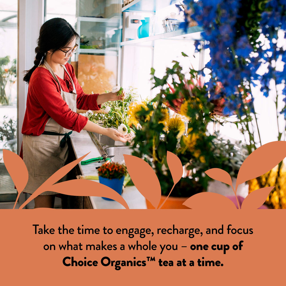 Choice Organic Teas recycled paperboard carton display emphasizing sustainable packaging benefits