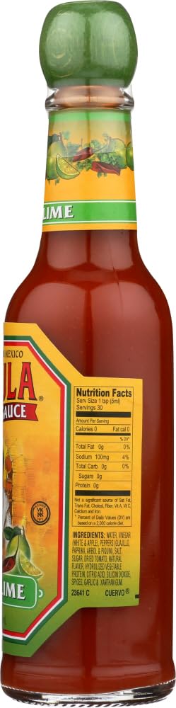 Cholula Chili Lime bottle next to measuring spoon showing compact 5 oz size