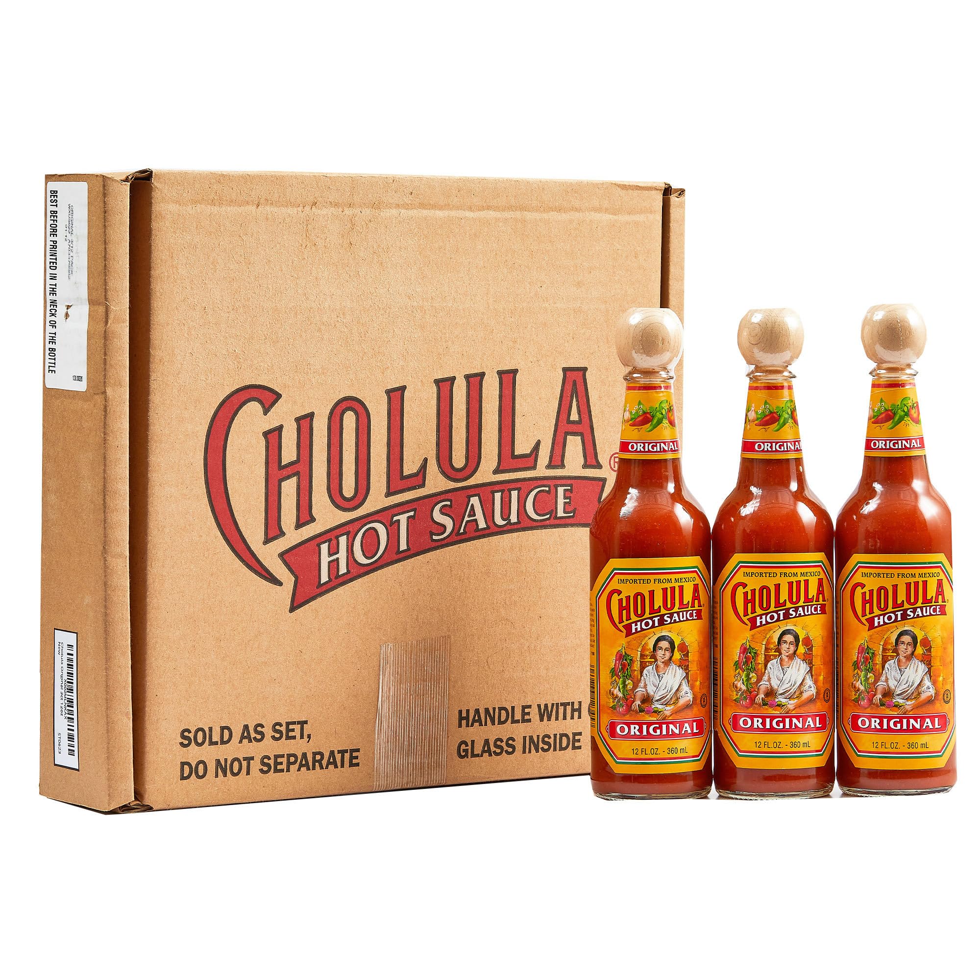 Cholula front packaging shows three bottles and gift box, ready to gift