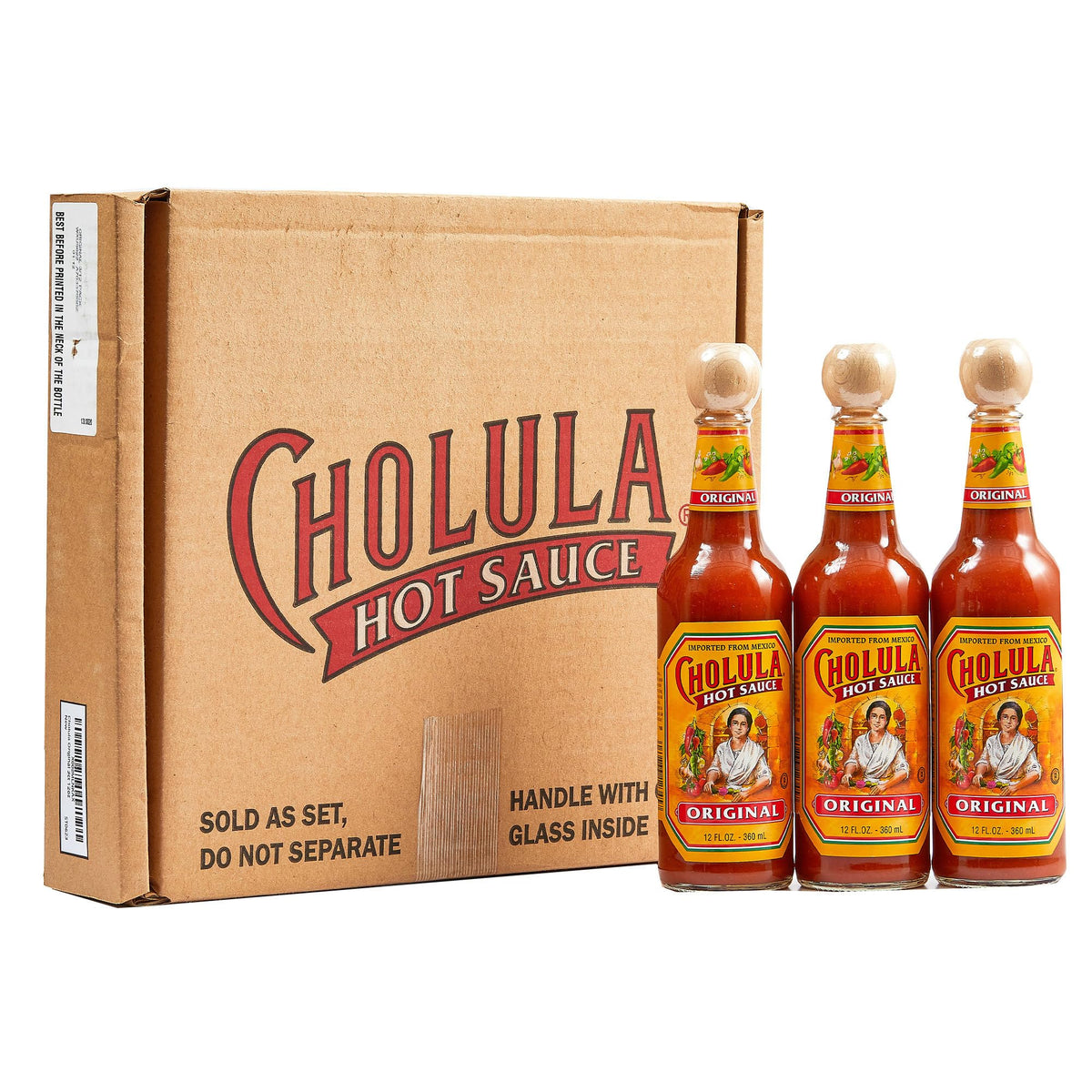 Cholula front packaging shows three bottles and gift box, ready to gift