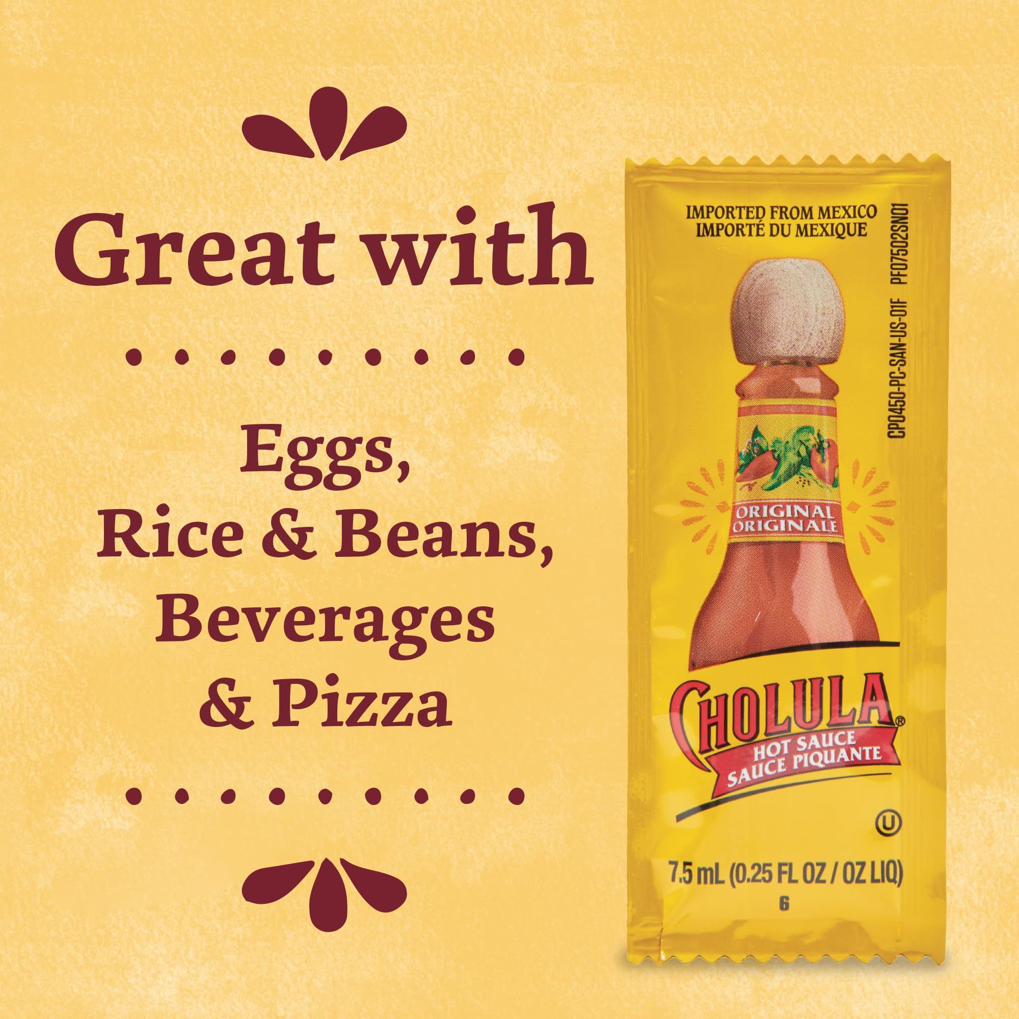 Cholula packet label close-up showing pepper ingredients and quality