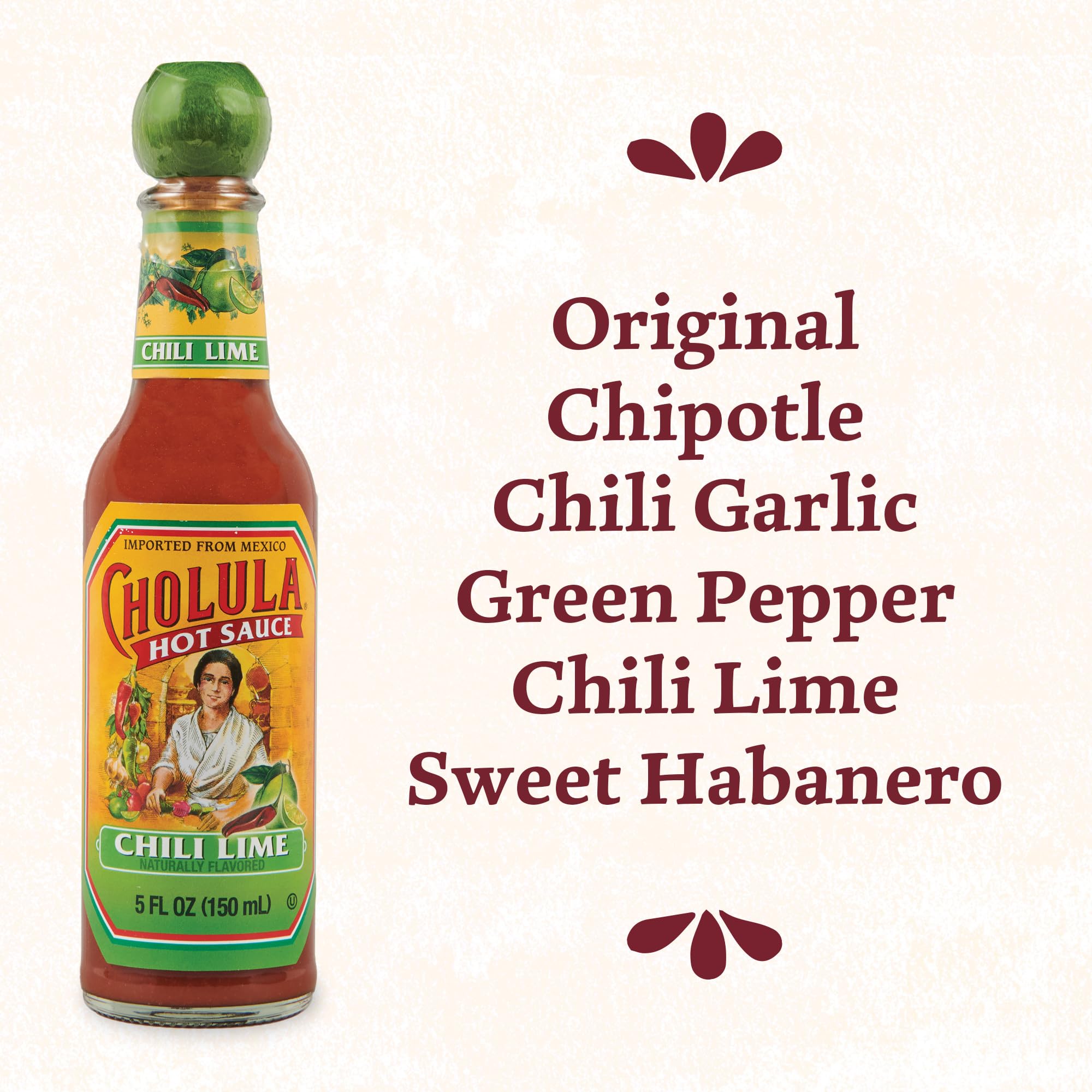 Cholula Original bottle close-up showing label and balanced flavor benefit