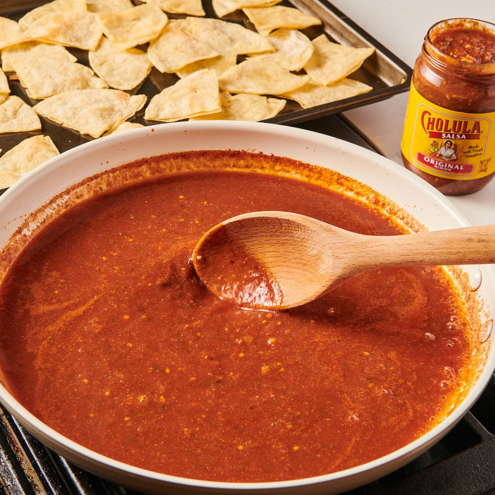 Cholula original salsa ingredients flatlay showing tomatoes arbol peppers garlic