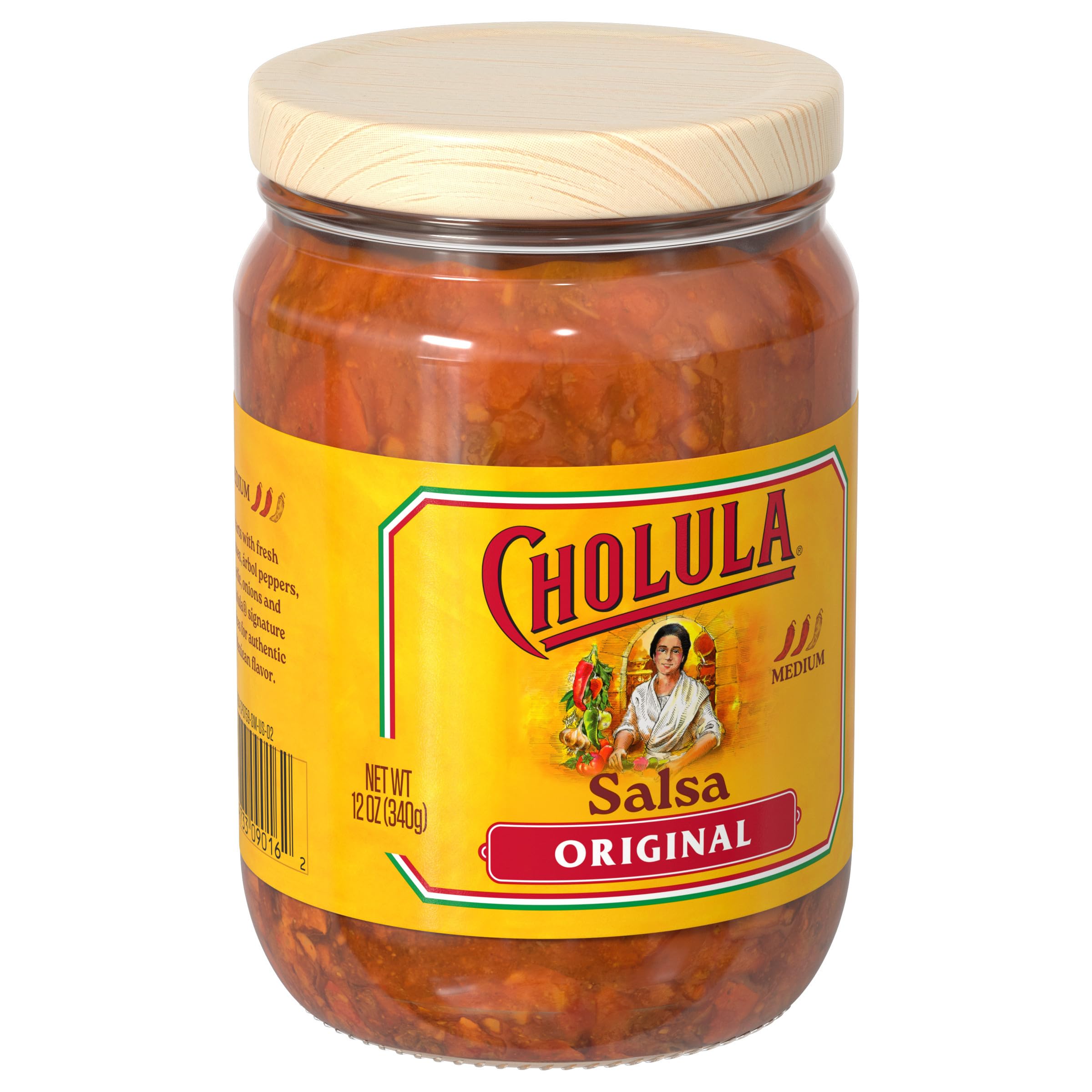 Cholula original salsa close-up texture highlighting fresh tomatoes and peppers