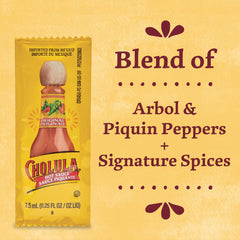 Cholula packet open pouring sauce onto food for controlled portioning