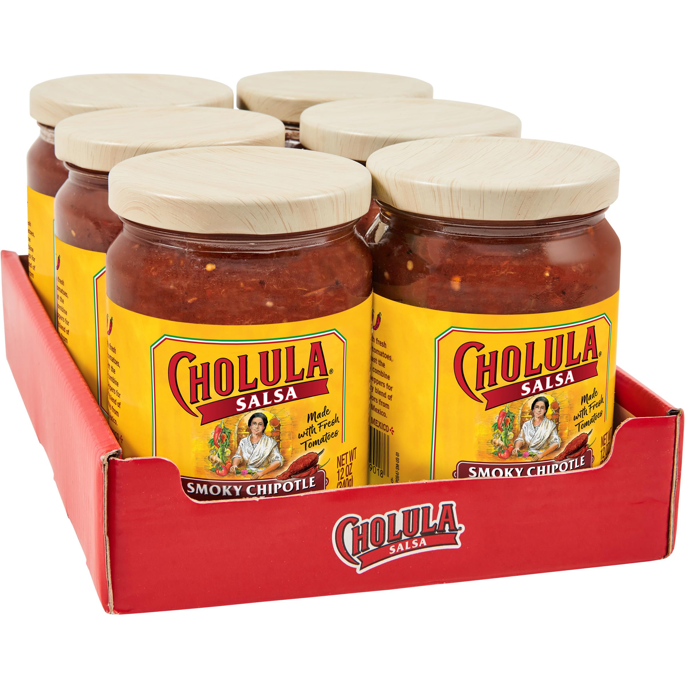 Cholula smoky chipotle salsa front jar showing label and 12 oz size, ideal for pantry.