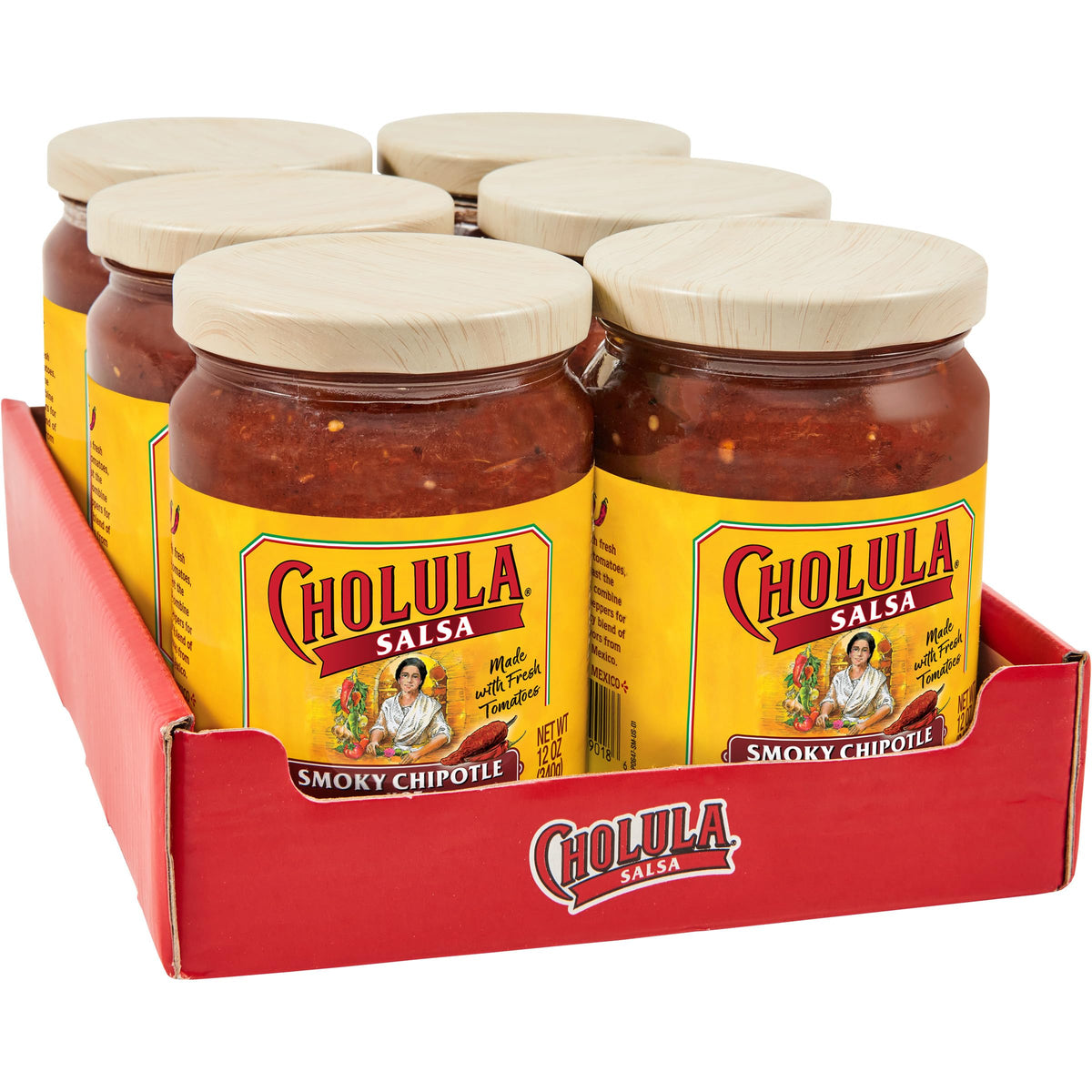 Cholula smoky chipotle salsa front jar showing label and 12 oz size, ideal for pantry.