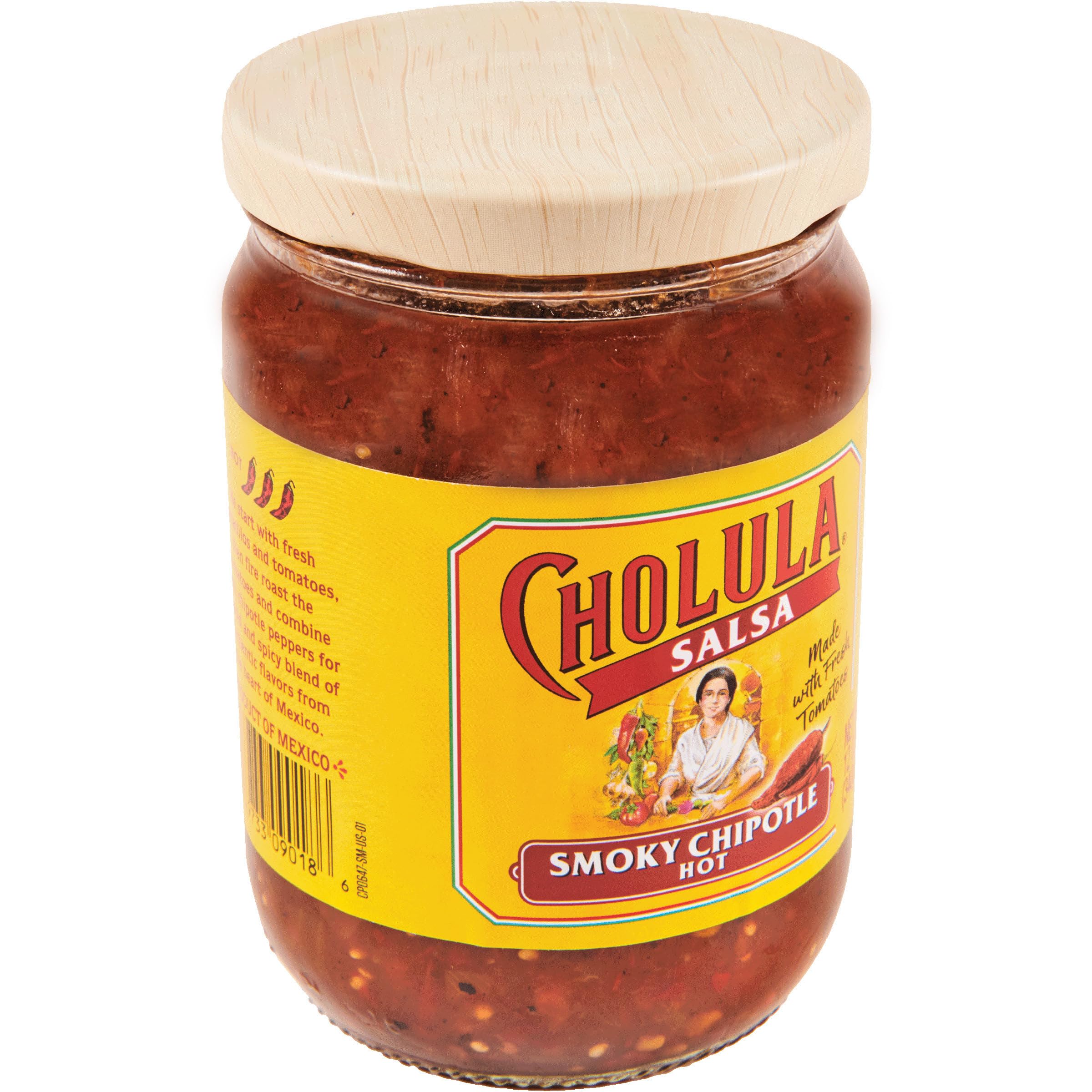 Open jar revealing chunky smoky chipotle salsa texture from Cholula for dipping.