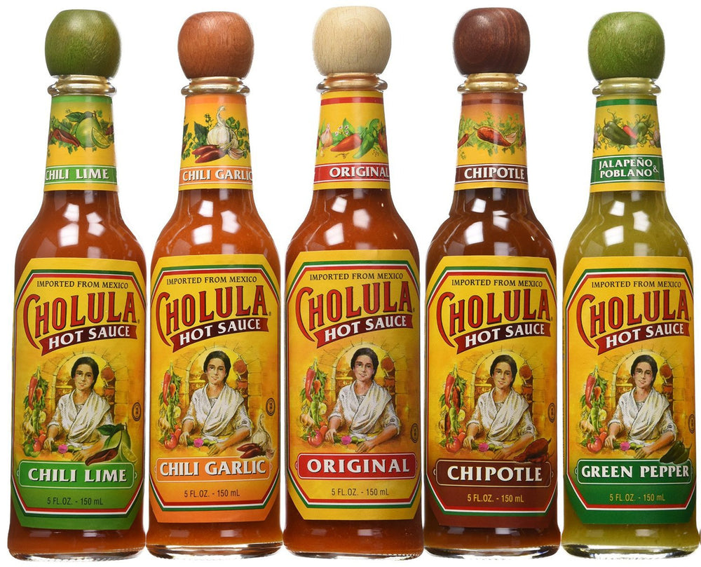 Cholula variety pack front packaging showing five bottles and clear flavor labels, easy sampling