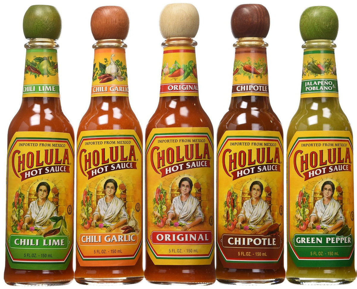 Cholula variety pack front packaging showing five bottles and clear flavor labels, easy sampling