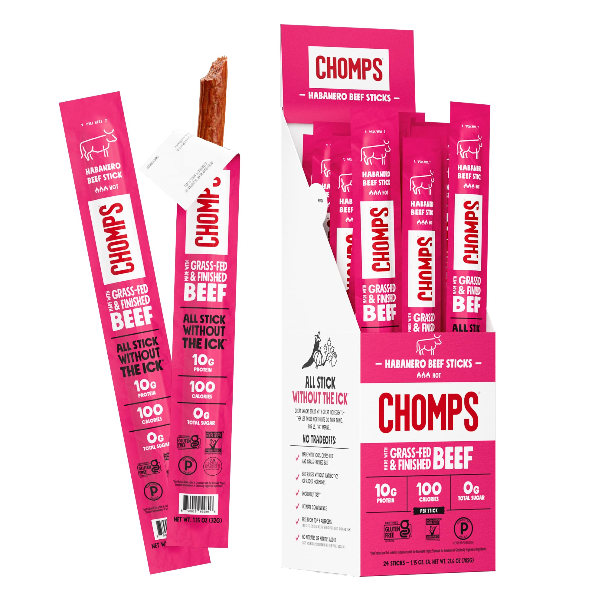Chomps front packaging showing 24ct habanero beef sticks and convenience