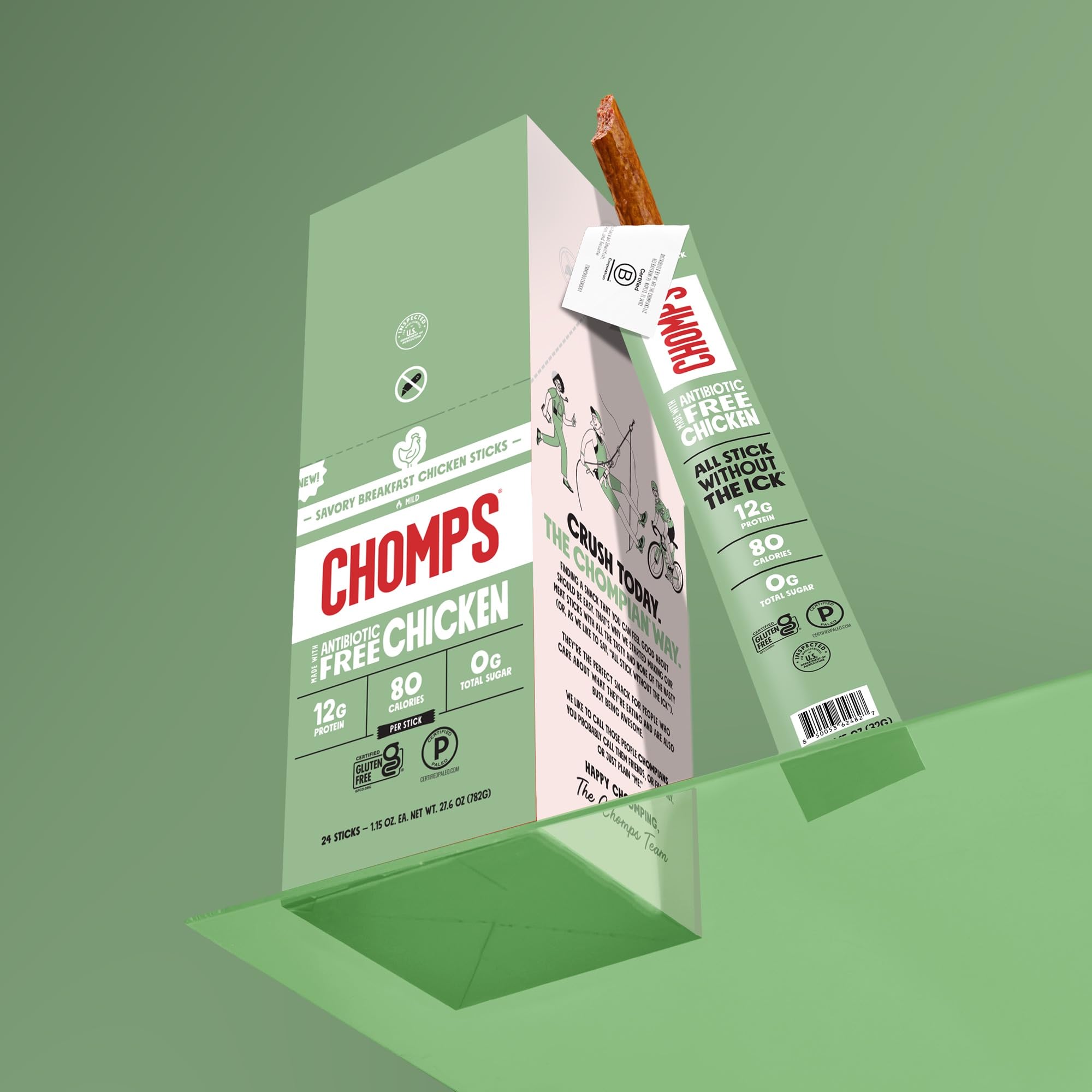 Chomps ingredients spotlight showing antibiotic-free chicken and simple seasonings