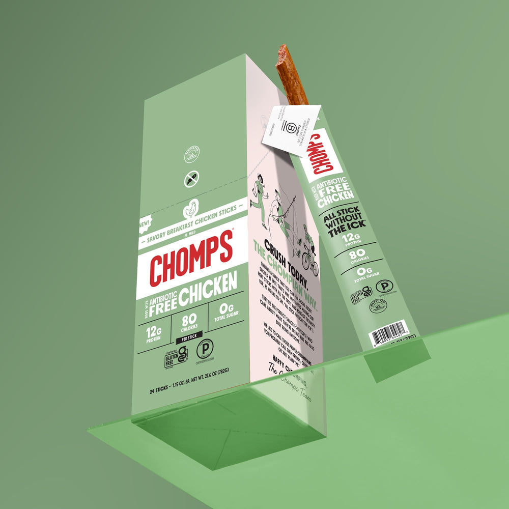 Chomps ingredients spotlight showing antibiotic-free chicken and simple seasonings