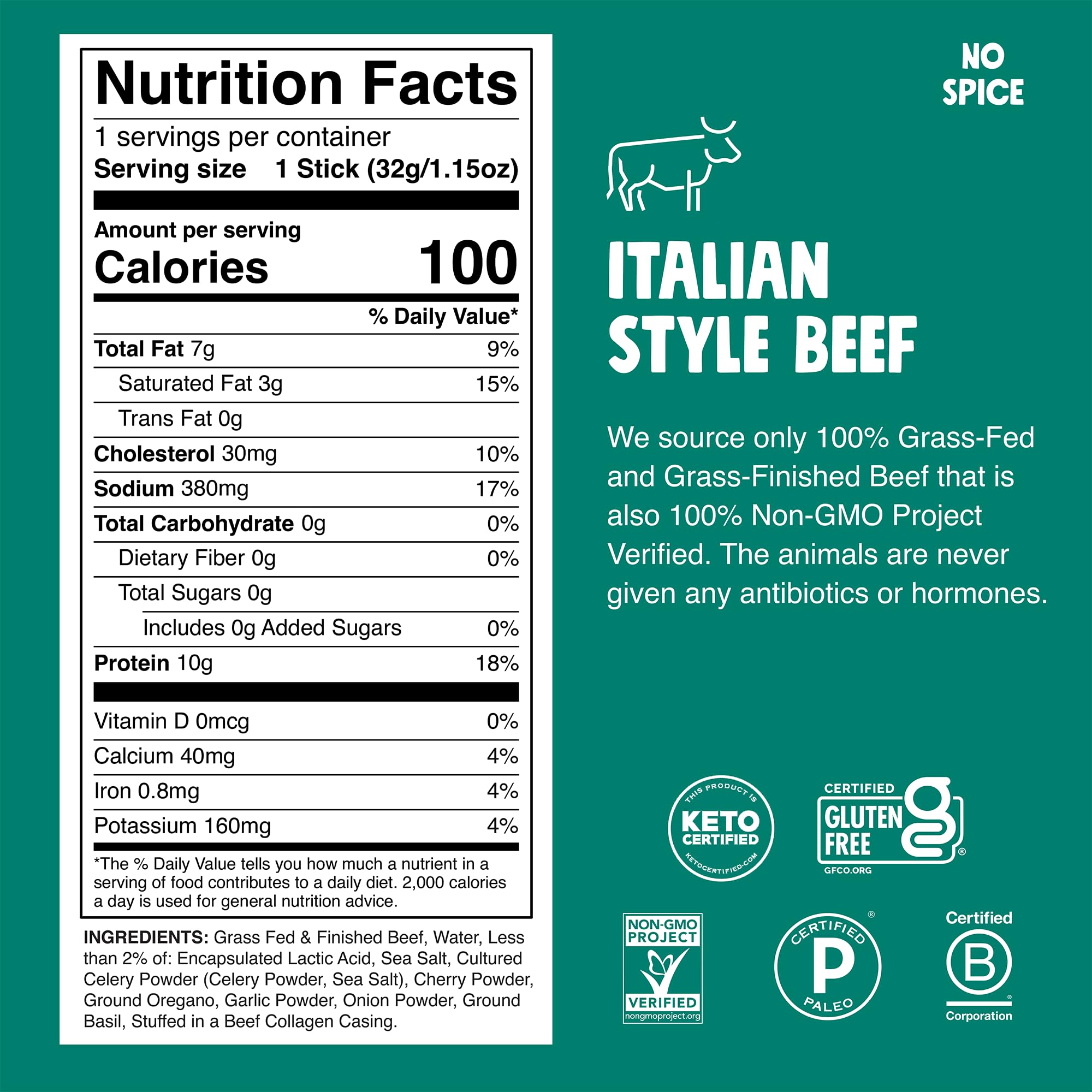 Chomps single unwrapped Italian Beef stick with visible texture and protein benefit