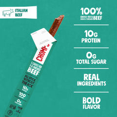 Close-up texture of Chomps Italian Beef stick highlighting natural beef bite