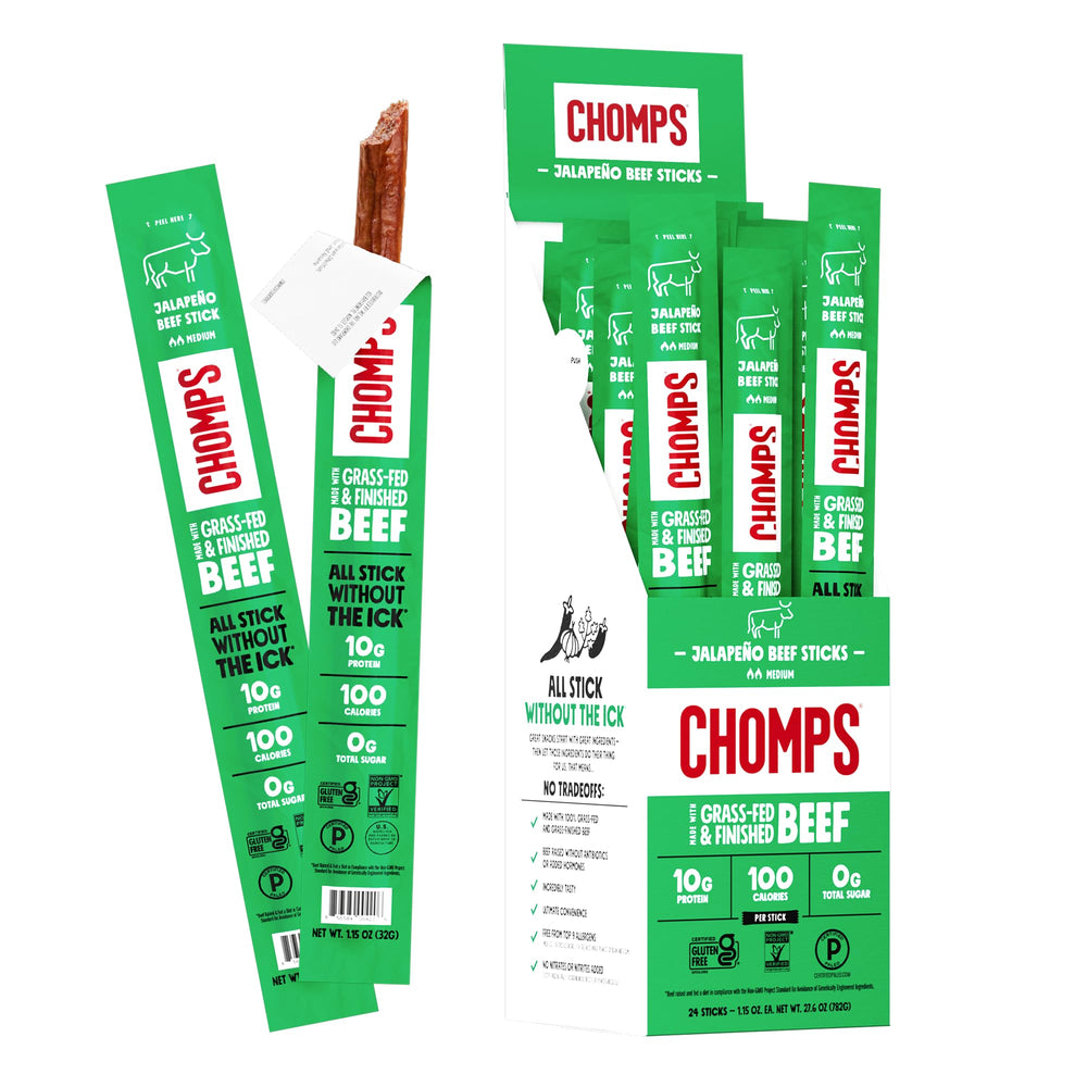 Chomps jalapeño front packaging showing 24-count box and bold branding benefit: portable protein