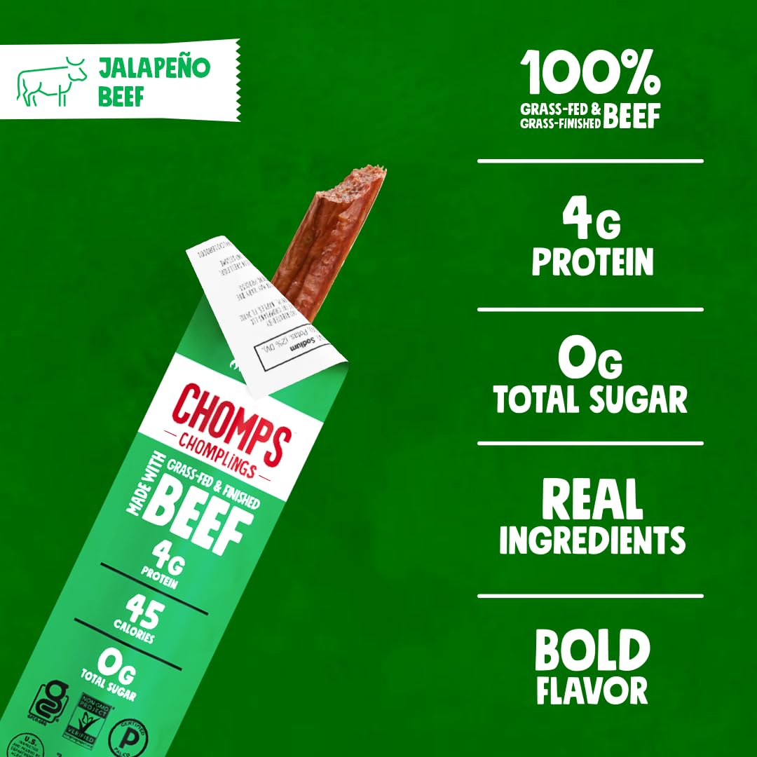 Close-up texture of Chomps jalapeño beef showing real meat and pepper bits for flavor clarity